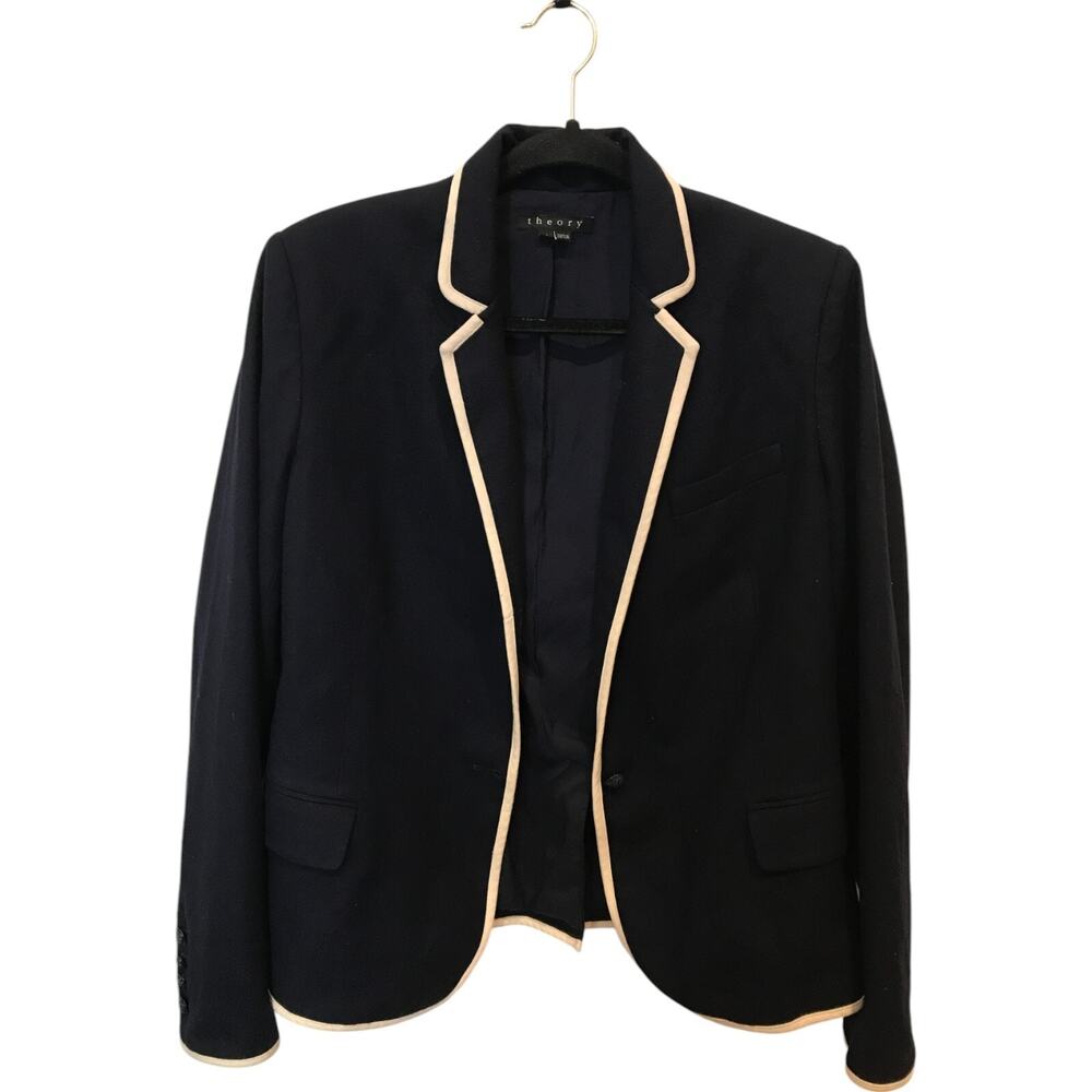 Theory Elisity Blazer Jacket Womens Size 10 Black Wool Blend Long Sleeve